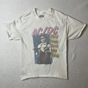 ACDC Dirty Deeds Done Dirt Cheap Graphic T-Shirt Mens Medium White Band Tee 2023